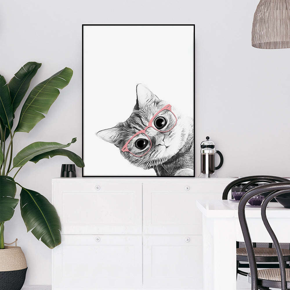 50cmx70cm Cat With Glasses Black Frame Canvas Wall Art