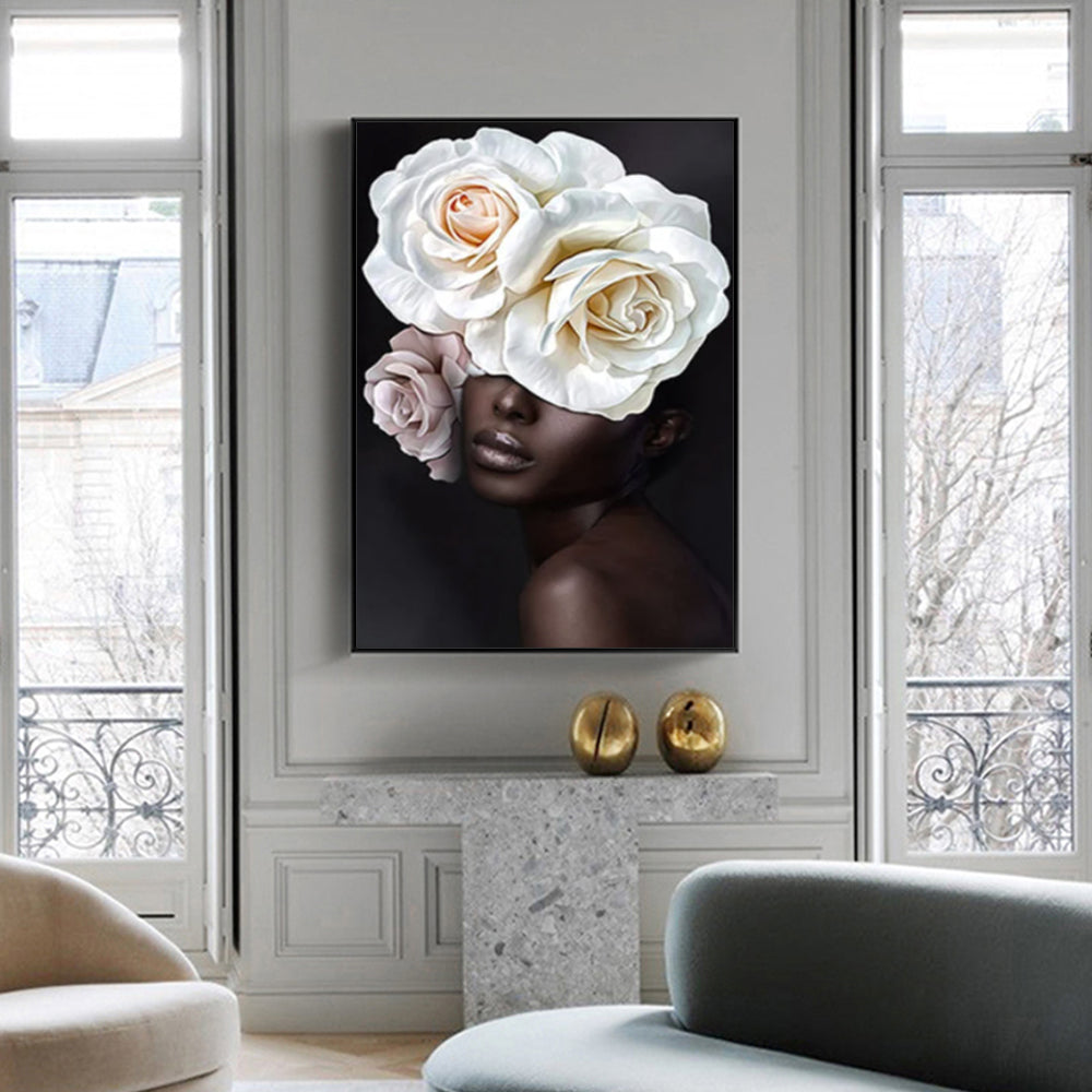 80cmx120cm Flower African Woman Black Frame Canvas Wall Art