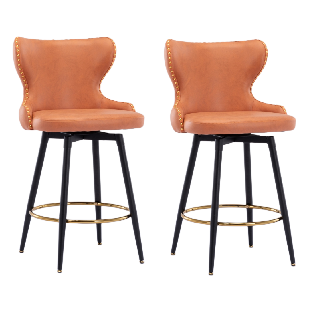 2x Swivel Bar Stools Tufted Counter Chairs with Stud Trim and Metal Base-Orange