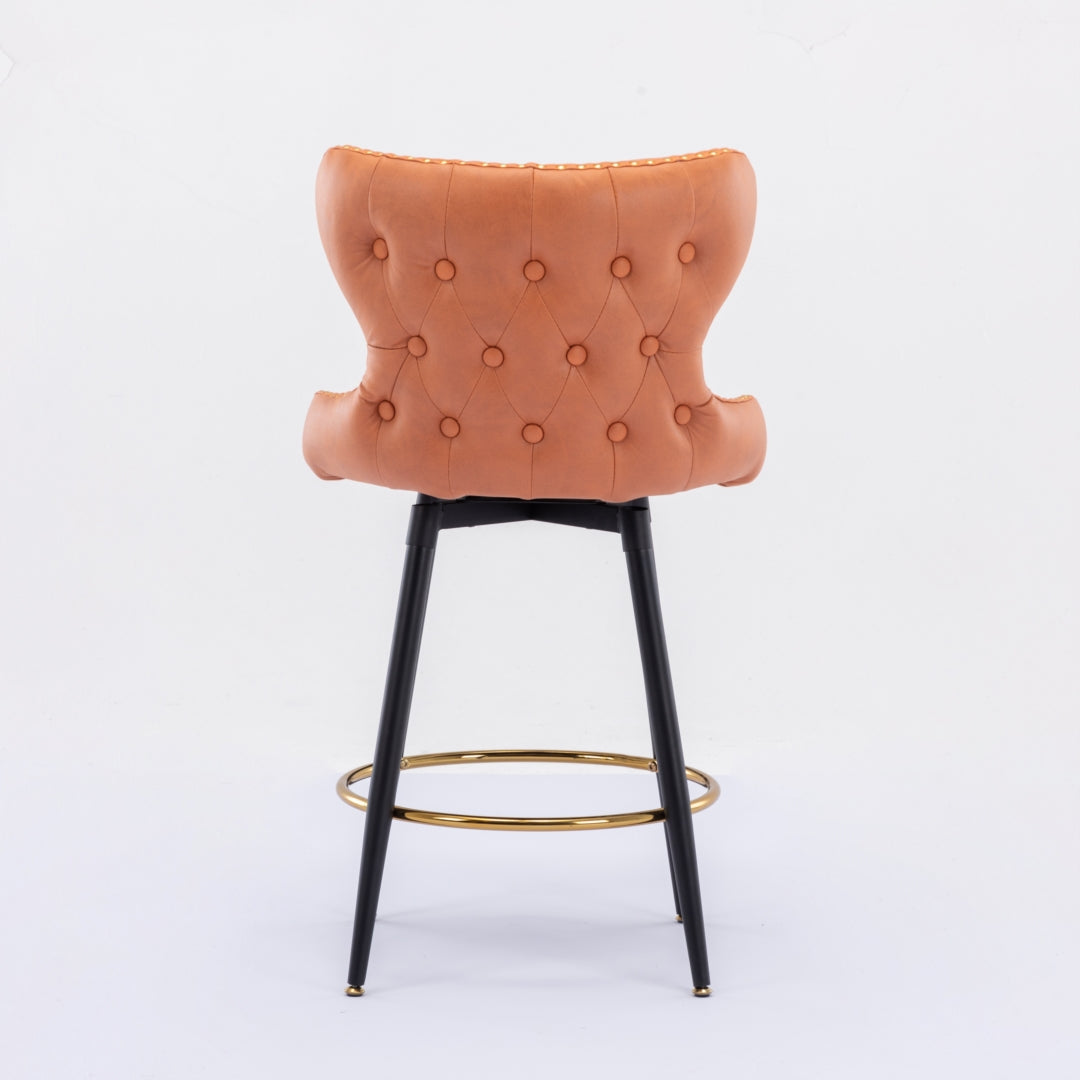 2x Swivel Bar Stools Tufted Counter Chairs with Stud Trim and Metal Base-Orange