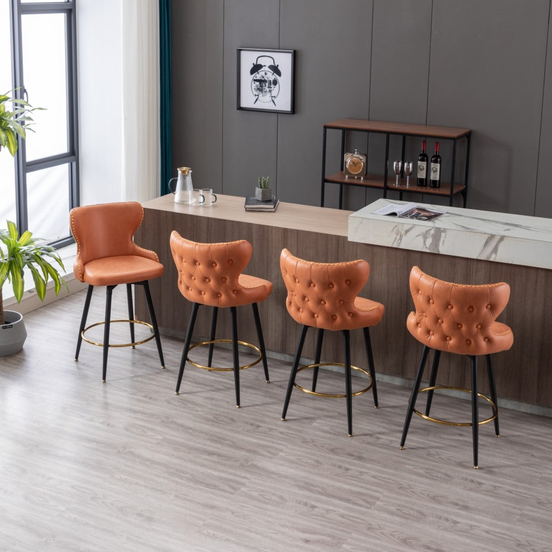 2x Swivel Bar Stools Tufted Counter Chairs with Stud Trim and Metal Base-Orange