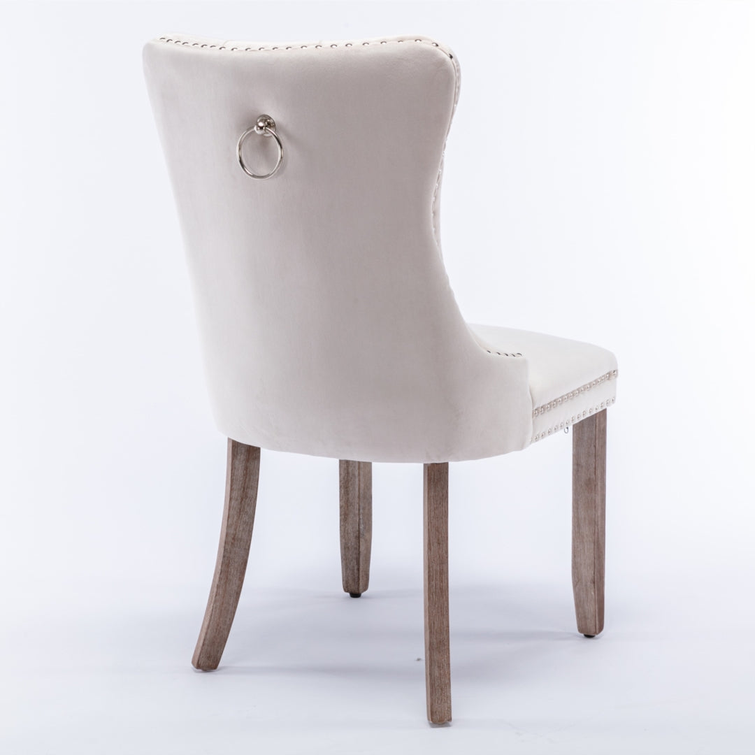 2x Velvet Dining Chairs Upholstered Tufted Kithcen Chair with Solid Wood Legs Stud Trim and Ring-Beige