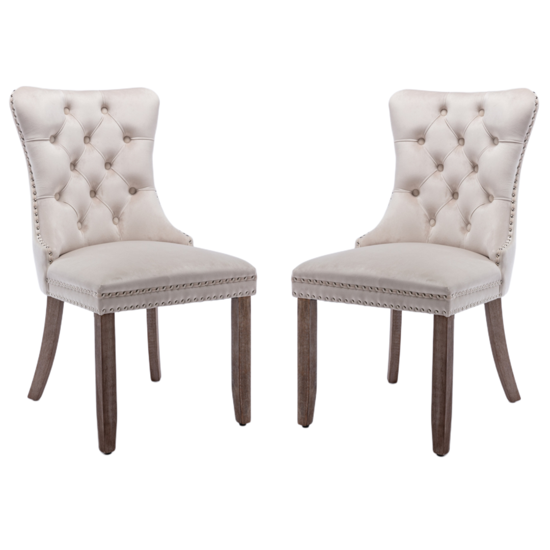 2x Velvet Dining Chairs Upholstered Tufted Kithcen Chair with Solid Wood Legs Stud Trim and Ring-Beige