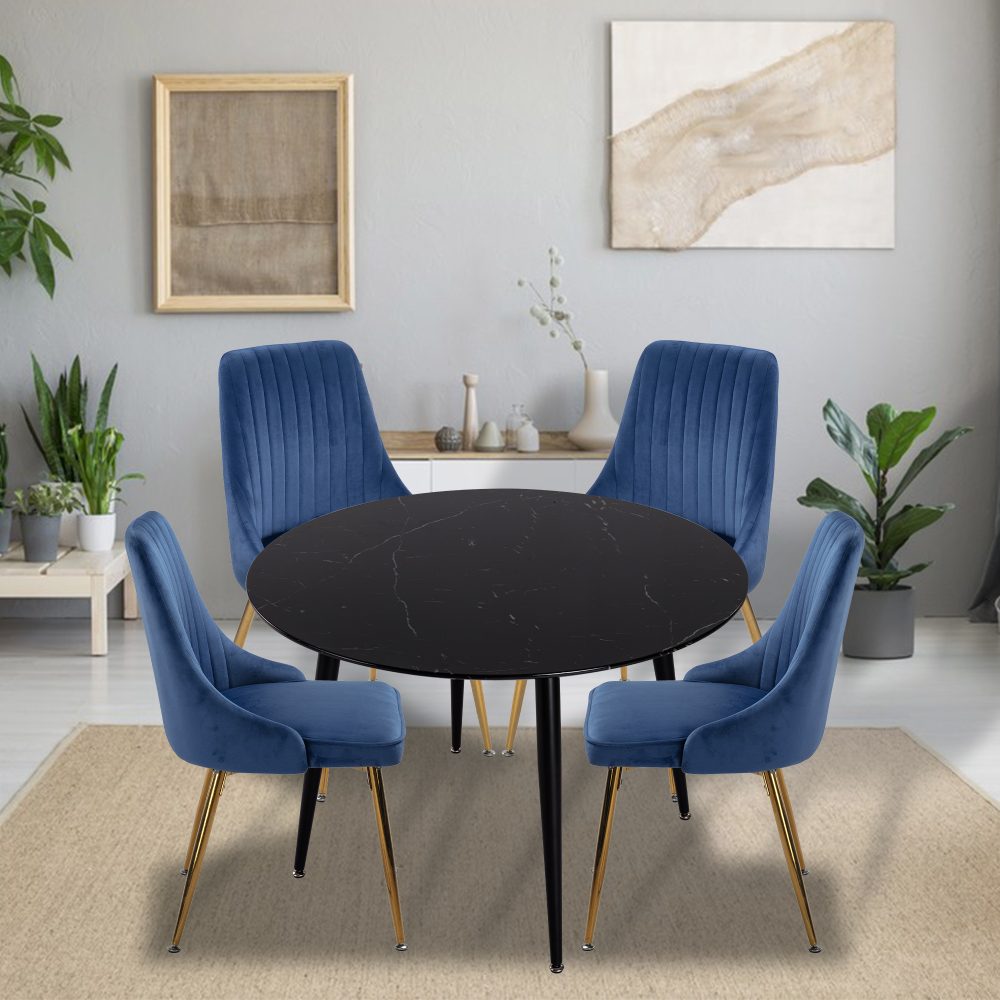 Black Round Dining Table and Chair Set Blue Velvet