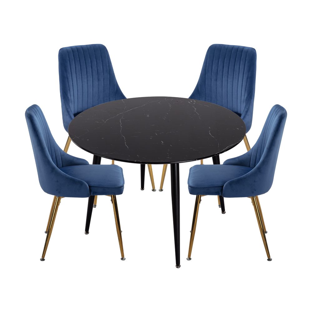 Black Round Dining Table and Chair Set Blue Velvet