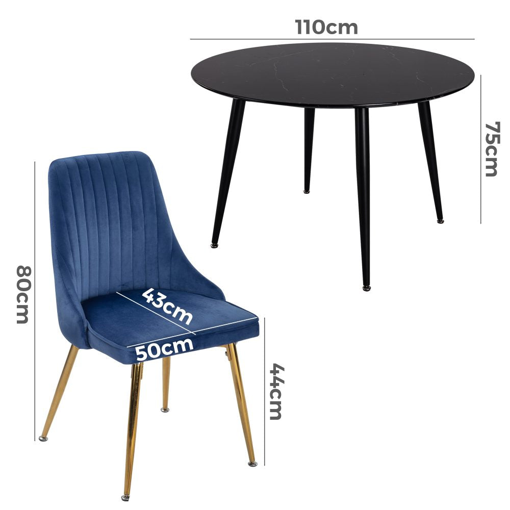 Black Round Dining Table and Chair Set Blue Velvet