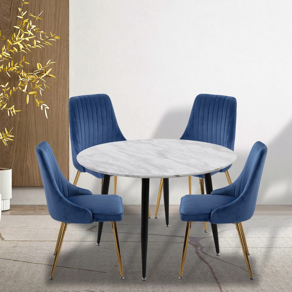 5PC Round Dining Table and Chair Sets Velvet Blue