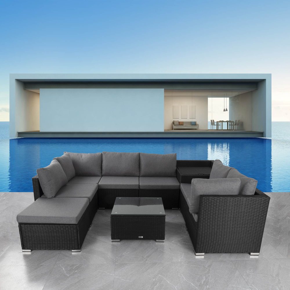 Large Modular Outdoor Ottoman Lounge Set in Black