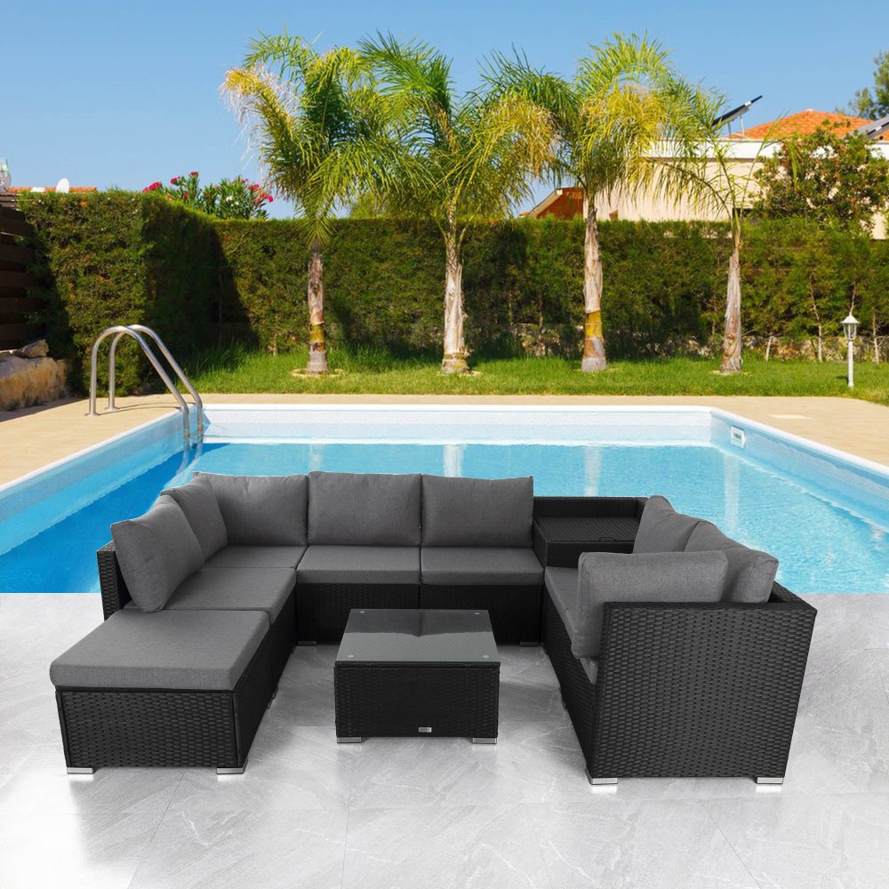 Large Modular Outdoor Ottoman Lounge Set in Black