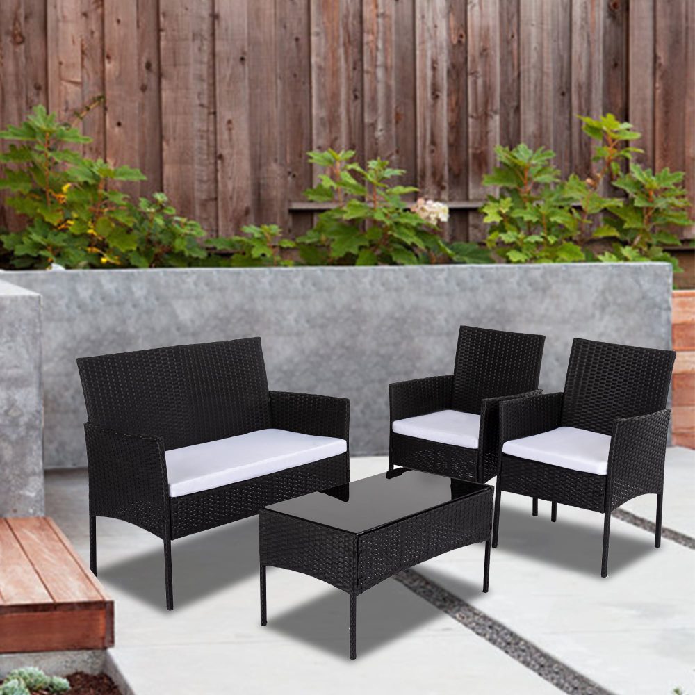 4 Seater PE Wicker Outdoor Lounge Sofa Set-Black