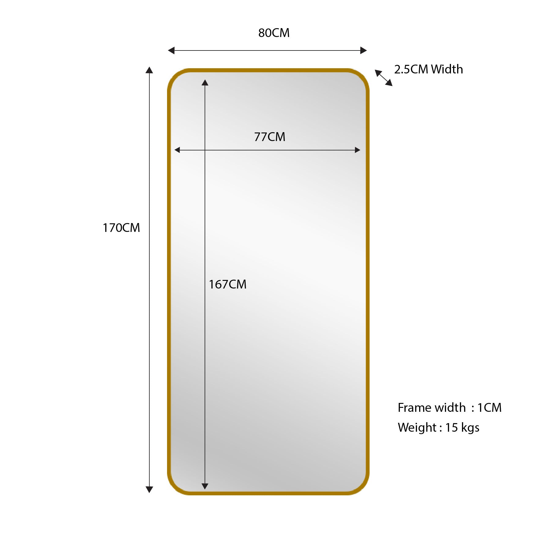 Gold Metal Rectangle Mirror - Medium 80cm x 170cm