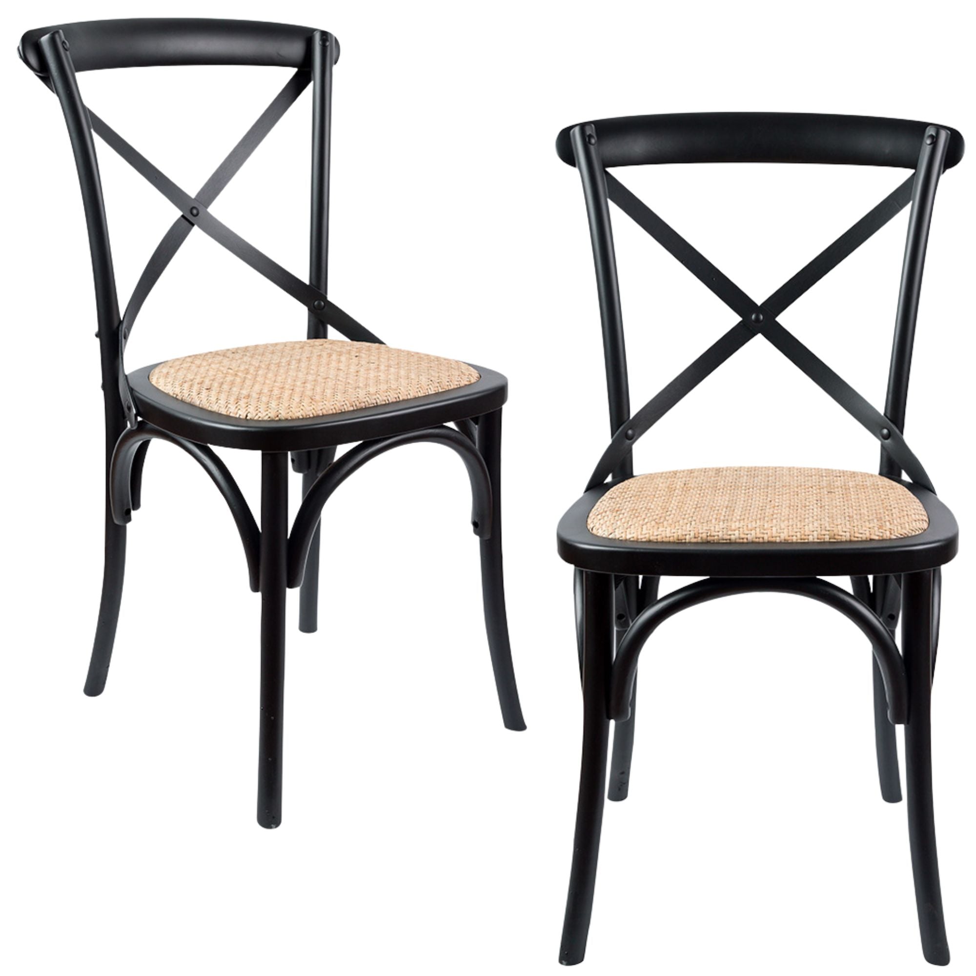 Aster Crossback Dining Chair Set of 2 Solid Birch Timber Wood Ratan Seat - Black