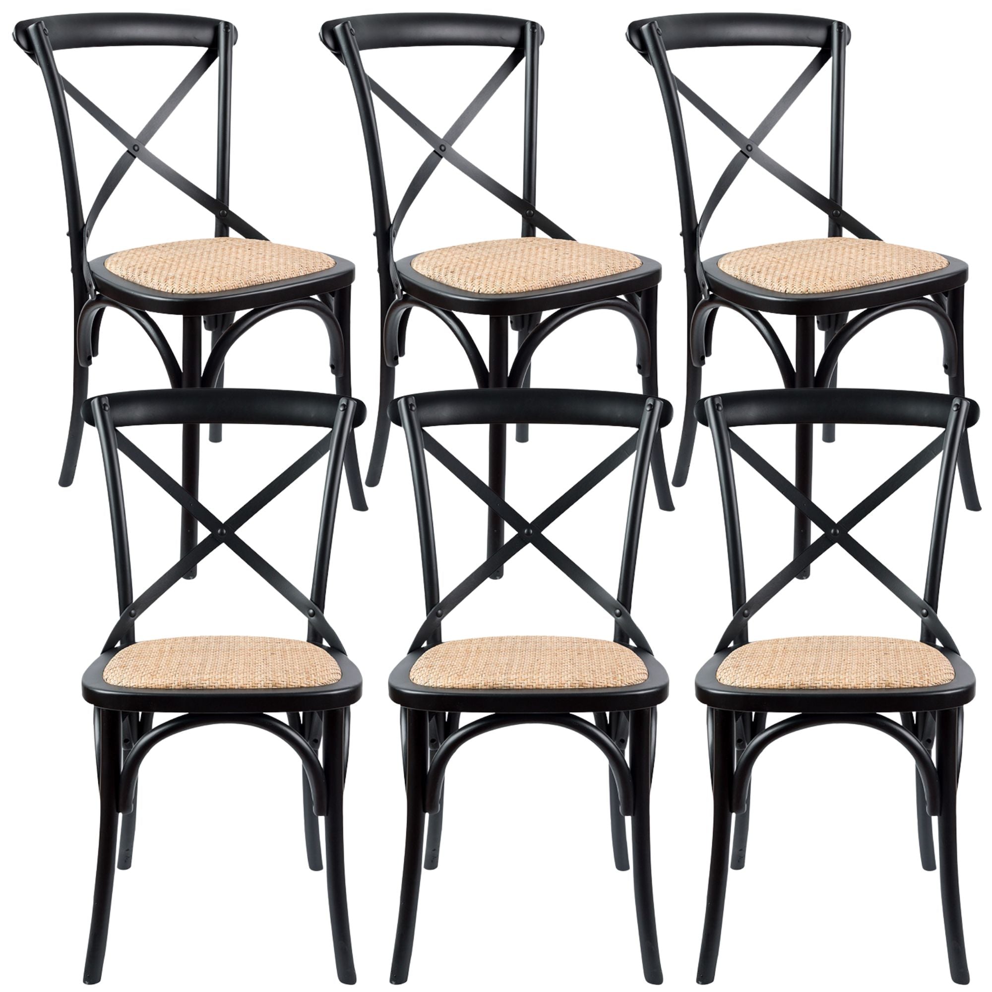 Aster Crossback Dining Chair Set of 6 Solid Birch Timber Wood Ratan Seat - Black