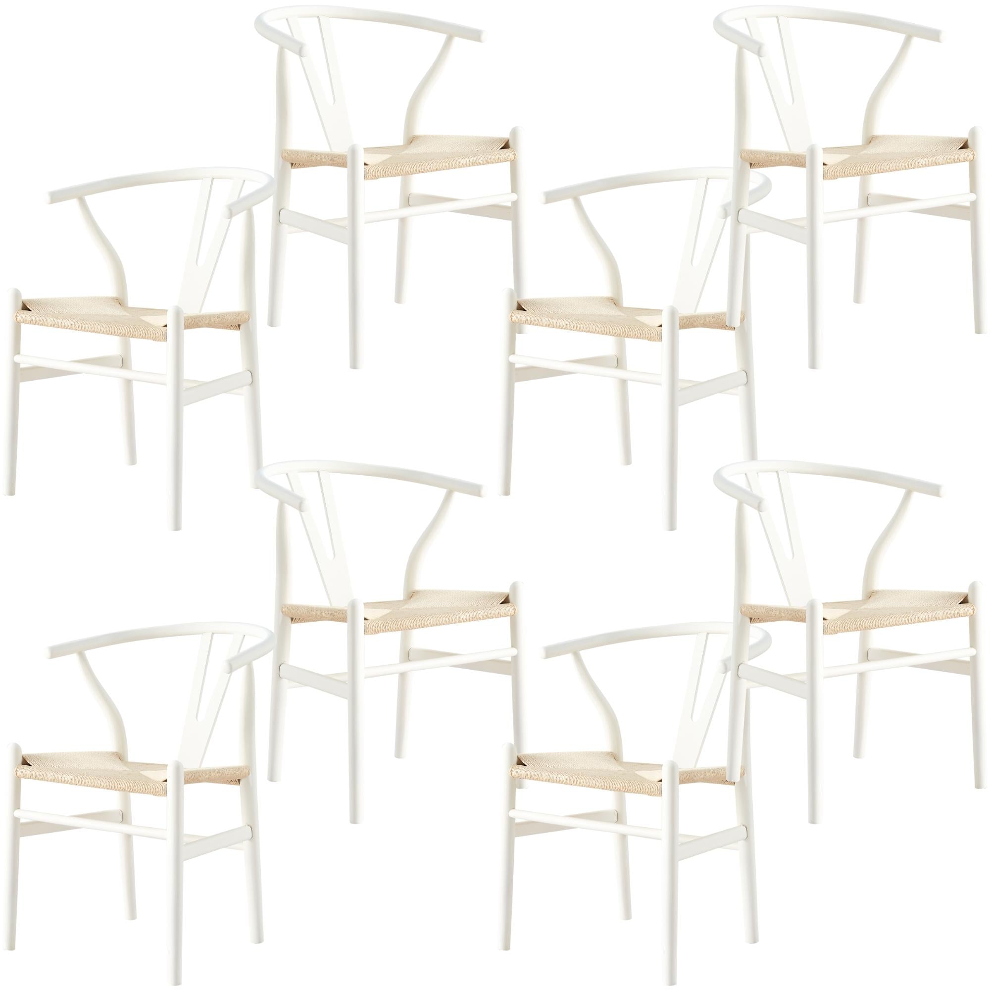 Anemone  Set of 8 Wishbone Dining Chair Beech Timber Replica Hans Wenger - White