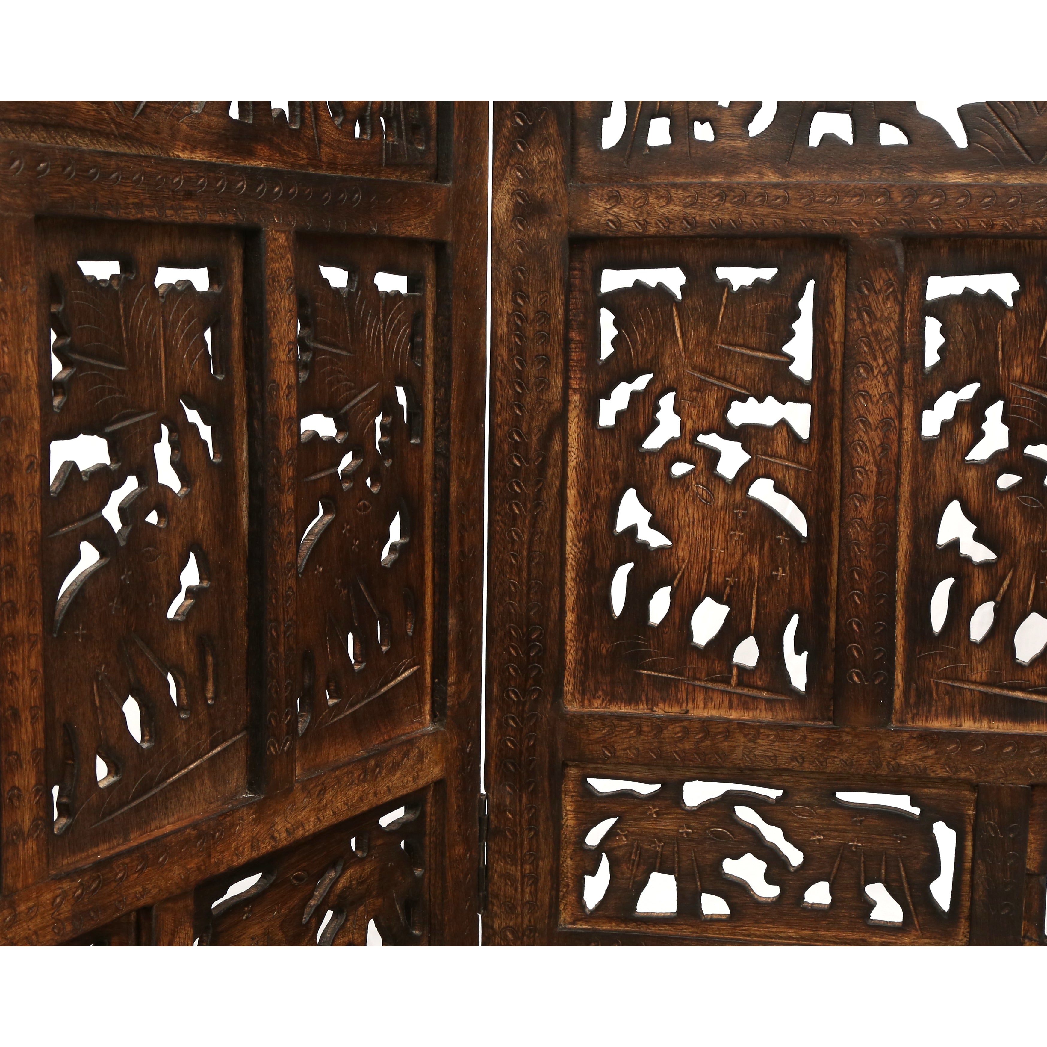 Elephant 4 Panel Room Divider Screen Privacy Shoji Timber Wood Stand - Burnt