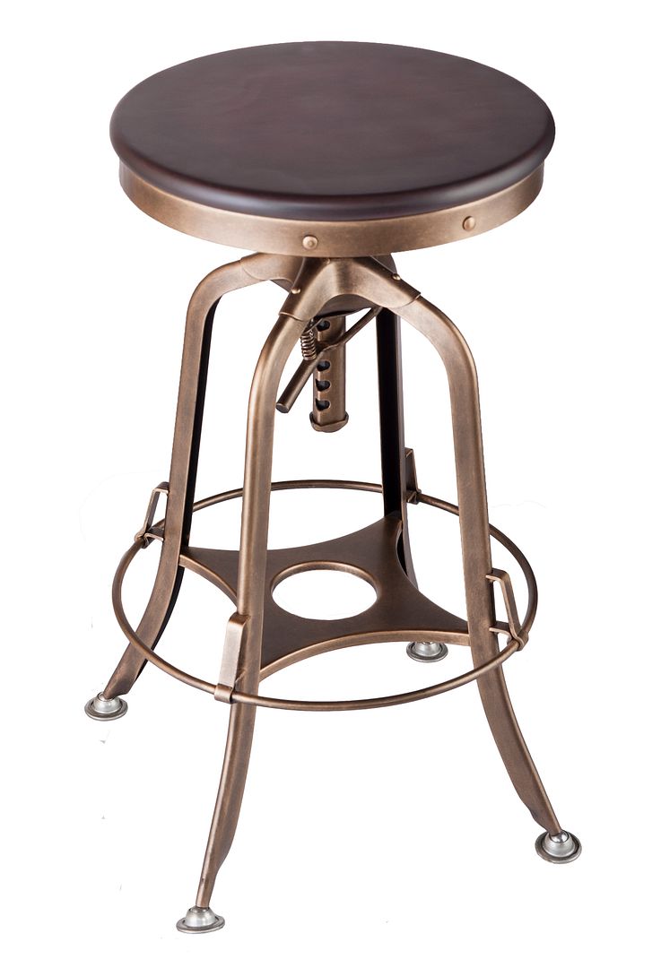 Industrial Wooden Height Adjustable Swivel Bar Stool - French Brass