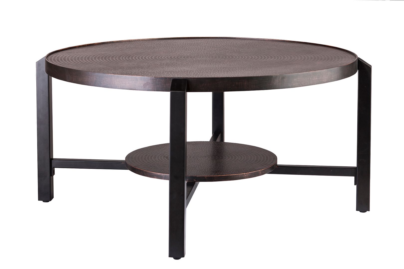 Black Round Coffee Table with Storage Shelf in Copper Finish Top