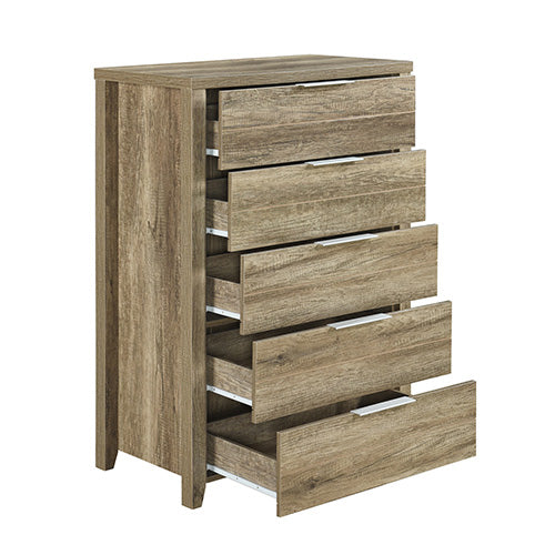 5 Pieces Bedroom Suite Natural Wood Like MDF Structure King Size Oak Colour Bed, Bedside Table, Tallboy & Dresser