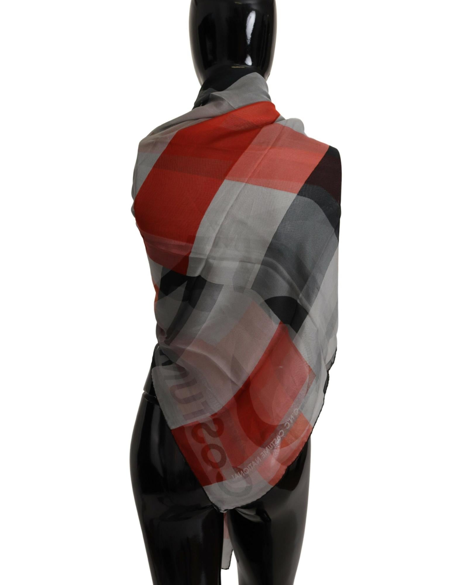 CNC Costume National Grey and Red Checkered Printed Silk Scarf One Size Women