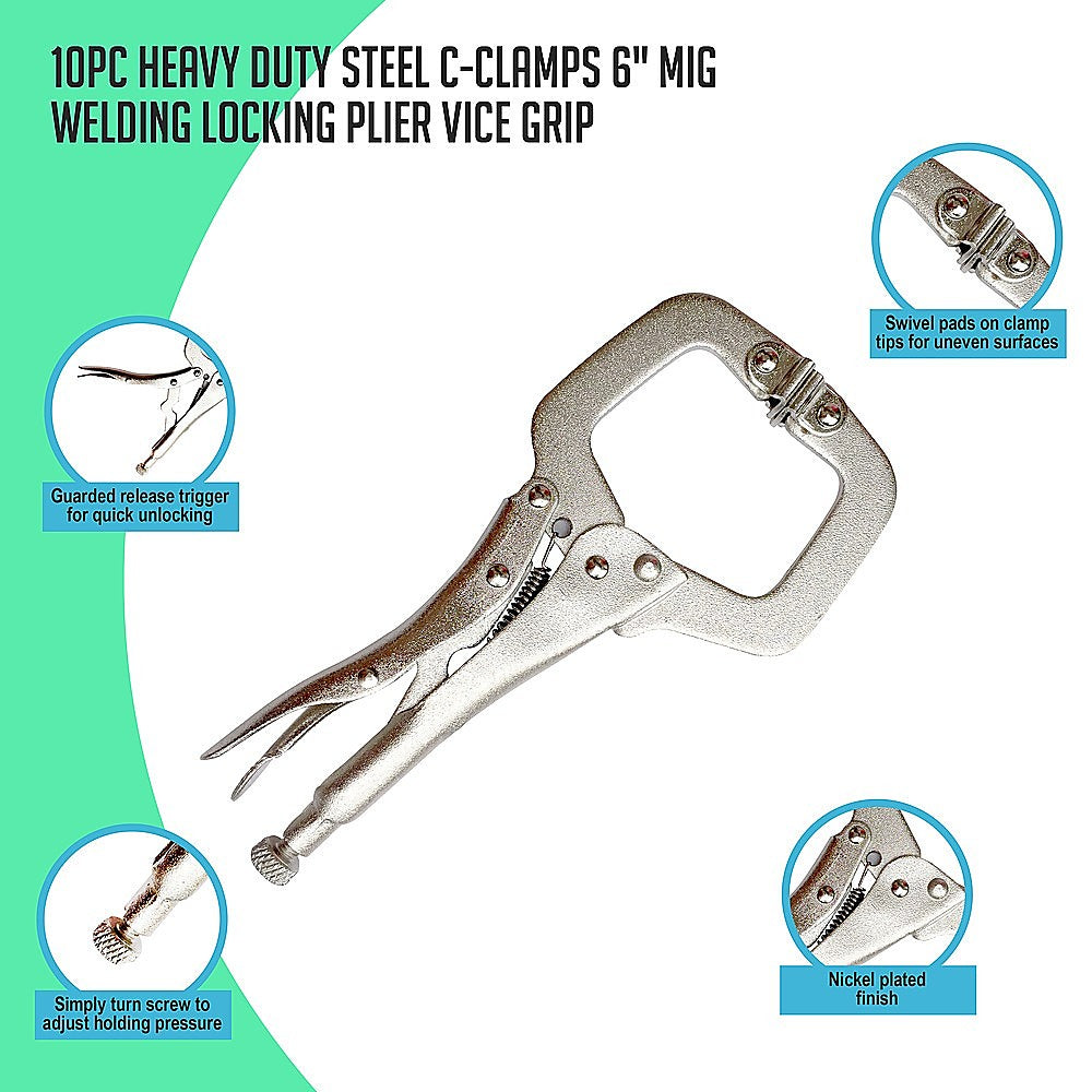 10pc Heavy Duty Steel C-Clamps 6" Mig Welding Locking Plier Vice Grip