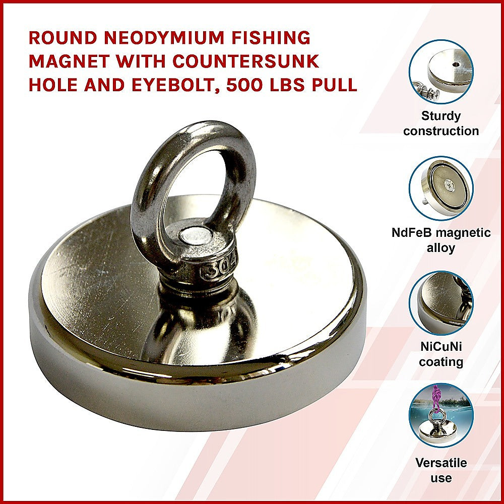 Round Neodymium Fishing Magnet with Countersunk Hole and Eyebolt, 500 LBS pull