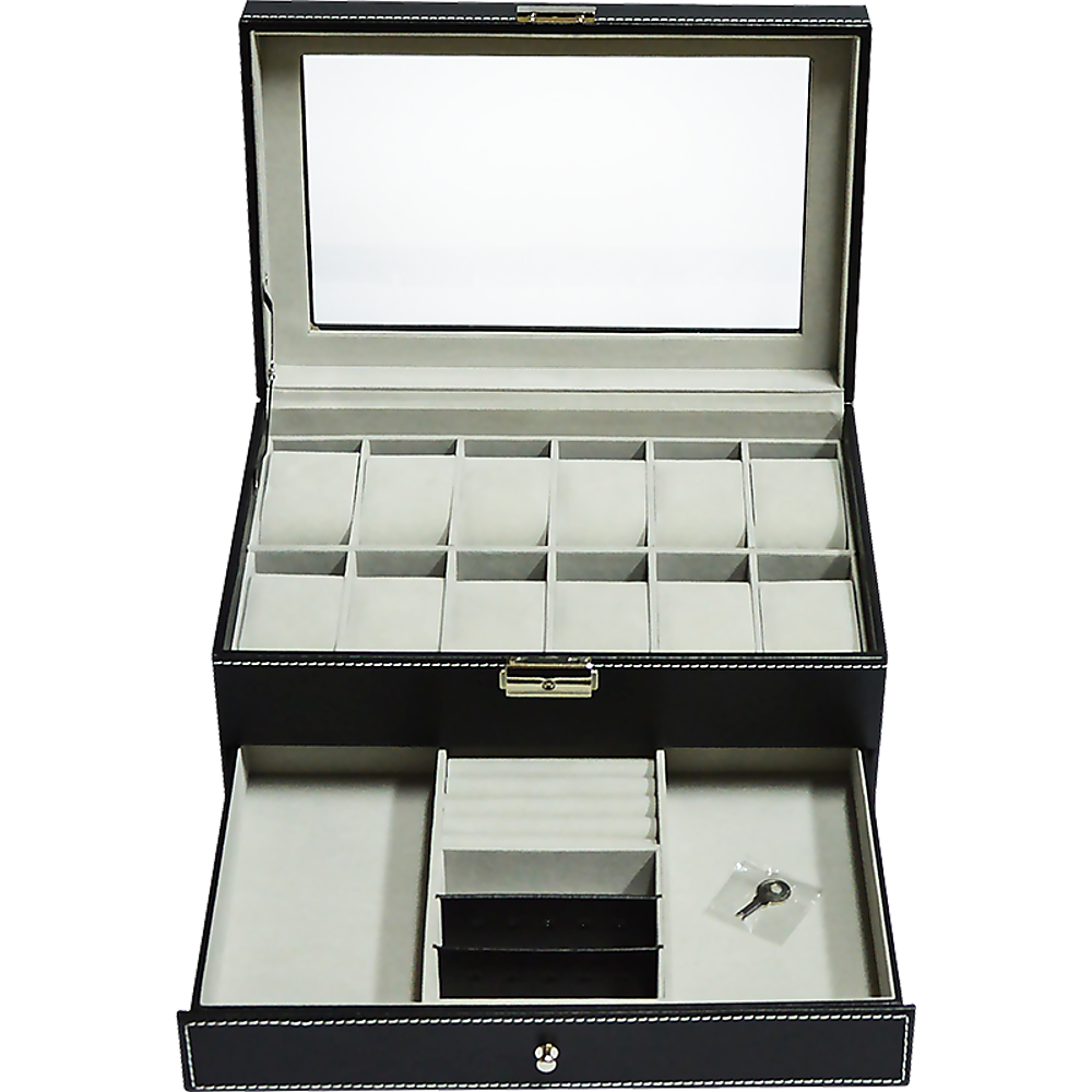 12 Grids Watch Display Case Leather jewellery Storage Box Organiser Lock Key