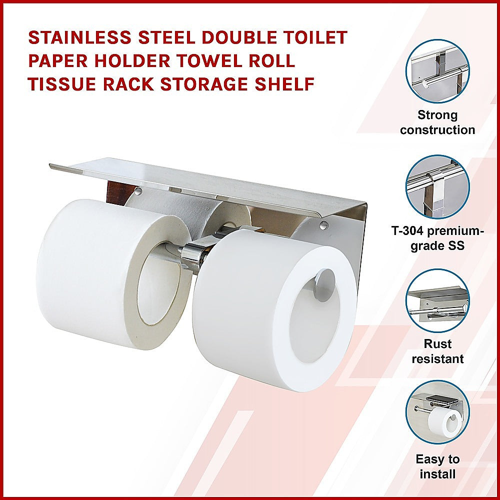 Stainless Steel Double Toilet Paper Holder Towel Roll Tissue Rack Storage Shelf