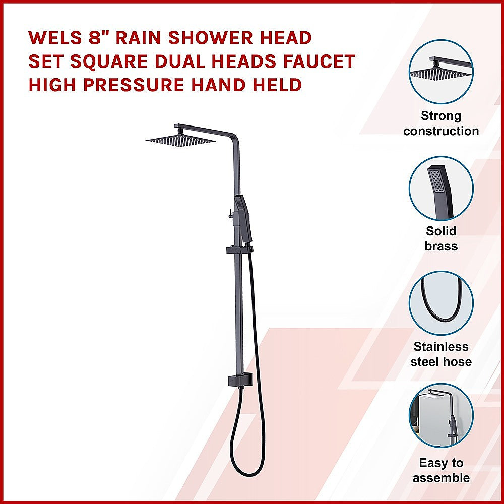 WELS 8" Rain Shower Head Set Square Dual Heads Faucet High Pressure Hand Held