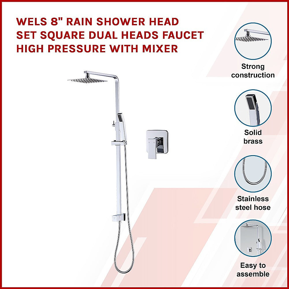 WELS 8" Rain Shower Head Set Square Dual Heads Faucet High Pressure With Mixer