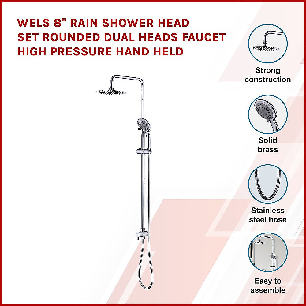 WELS 8" Rain Shower Head Set Rounded Dual Heads Faucet High Pressure Hand Held