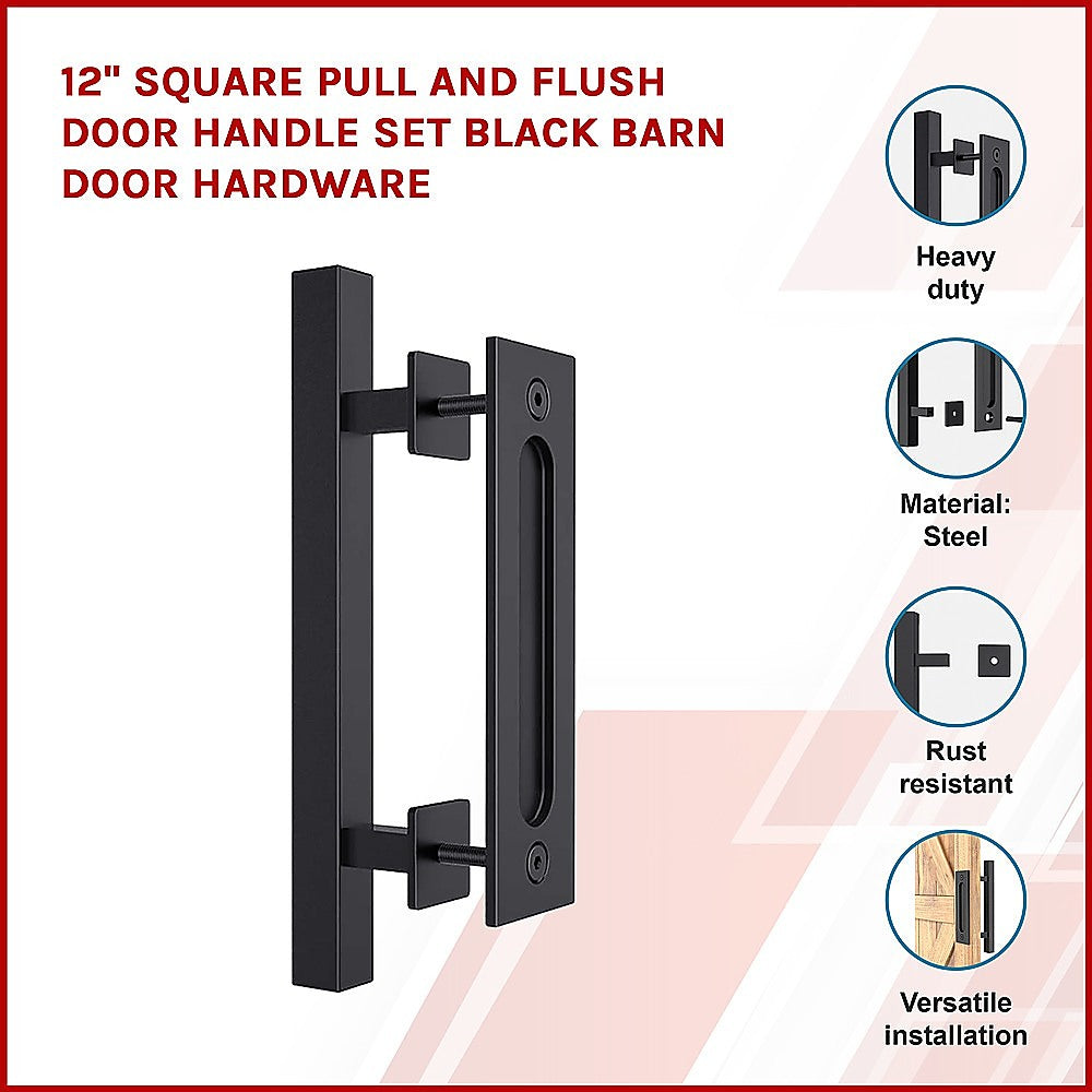 12" Square Pull and Flush Door Handle Set Black Barn Door Hardware