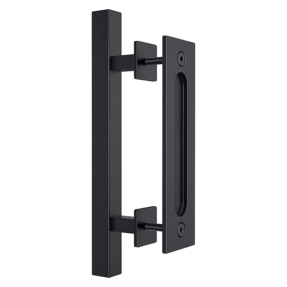 12" Square Pull and Flush Door Handle Set Black Barn Door Hardware