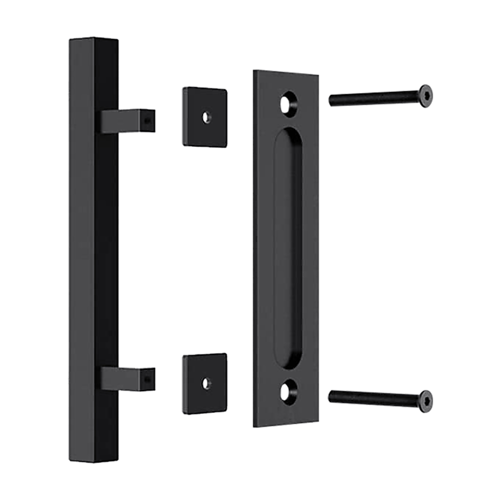 12" Square Pull and Flush Door Handle Set Black Barn Door Hardware