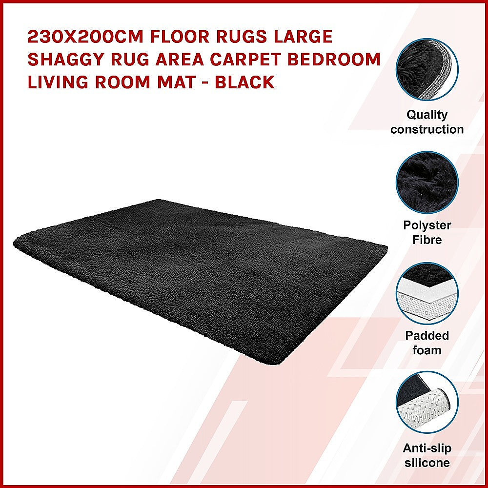 230x160cm Floor Rugs Large Shaggy Rug Area Carpet Bedroom Living Room Mat - Black