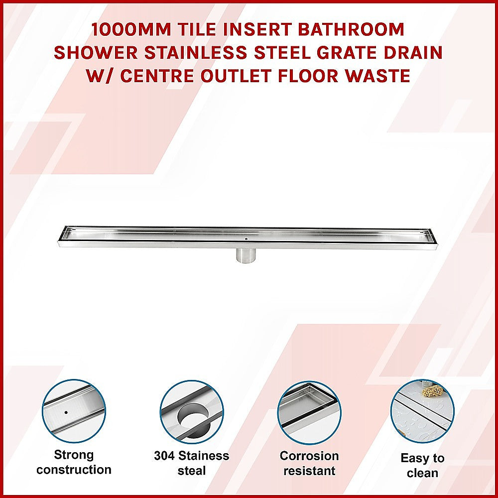 1000mm Tile Insert Bathroom Shower Stainless Steel Grate Drain w/Centre outlet Floor Waste