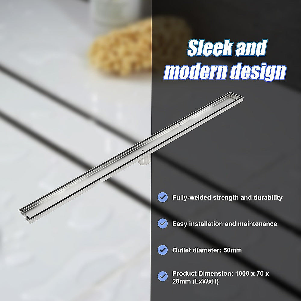 1000mm Tile Insert Bathroom Shower Stainless Steel Grate Drain w/Centre outlet Floor Waste