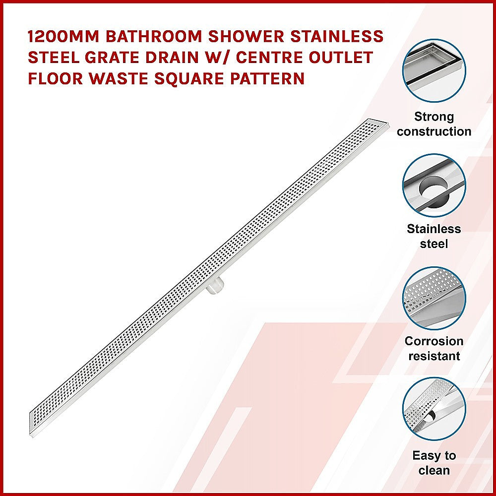 1200mm Tile Insert Bathroom Shower Stainless Steel Grate Drain w/Centre outlet Floor Waste