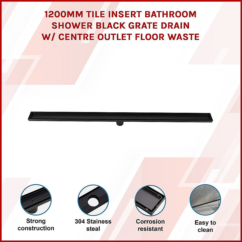 1200mm Tile Insert Bathroom Shower Black Grate Drain w/Centre outlet Floor Waste