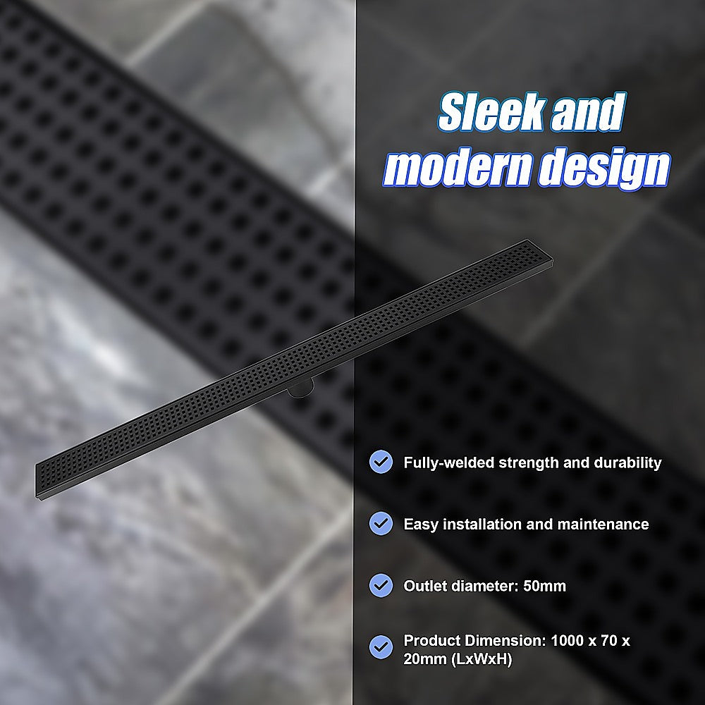 1000mm Bathroom Shower Black Grate Drain w/Centre outlet Floor Waste Square Pattern