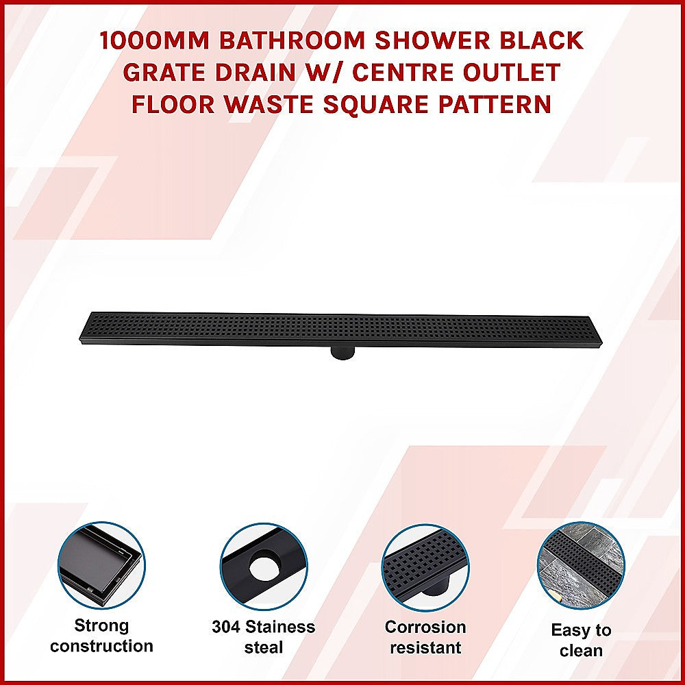 1000mm Bathroom Shower Black Grate Drain w/Centre outlet Floor Waste Square Pattern