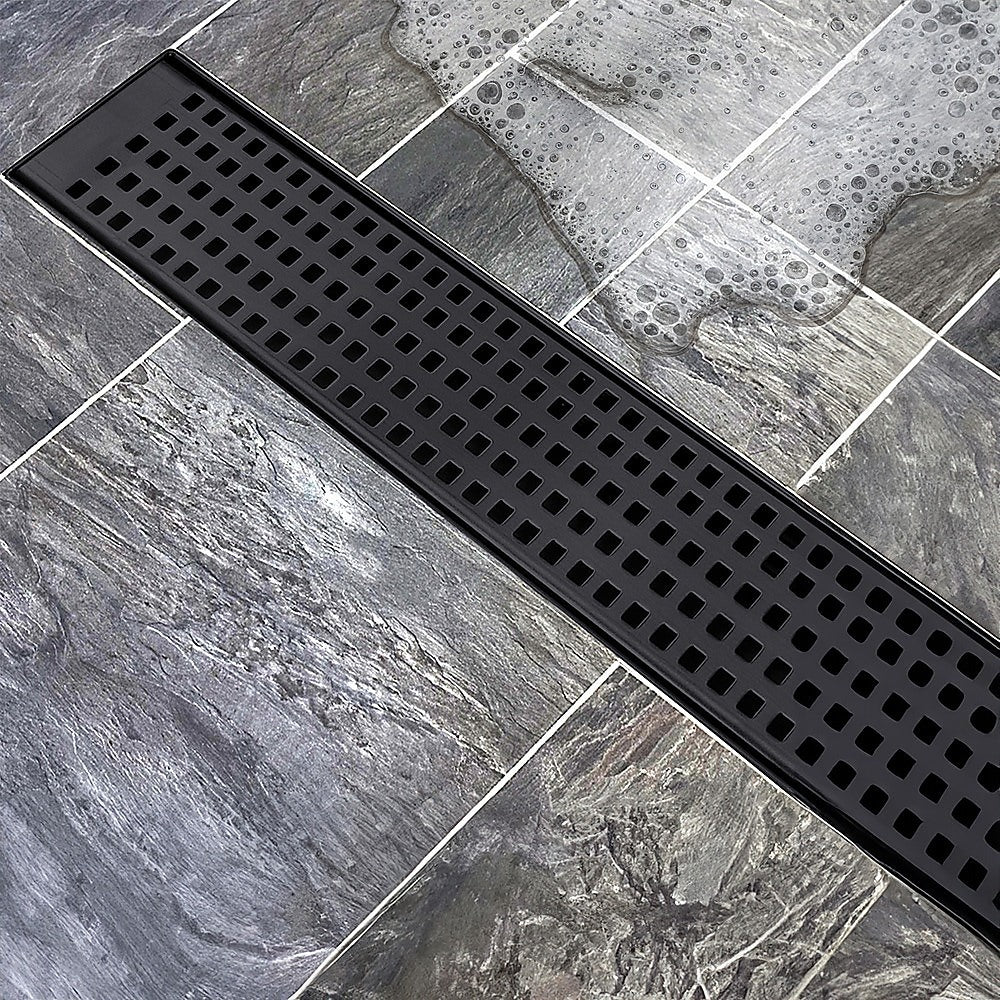 1000mm Bathroom Shower Black Grate Drain w/Centre outlet Floor Waste Square Pattern