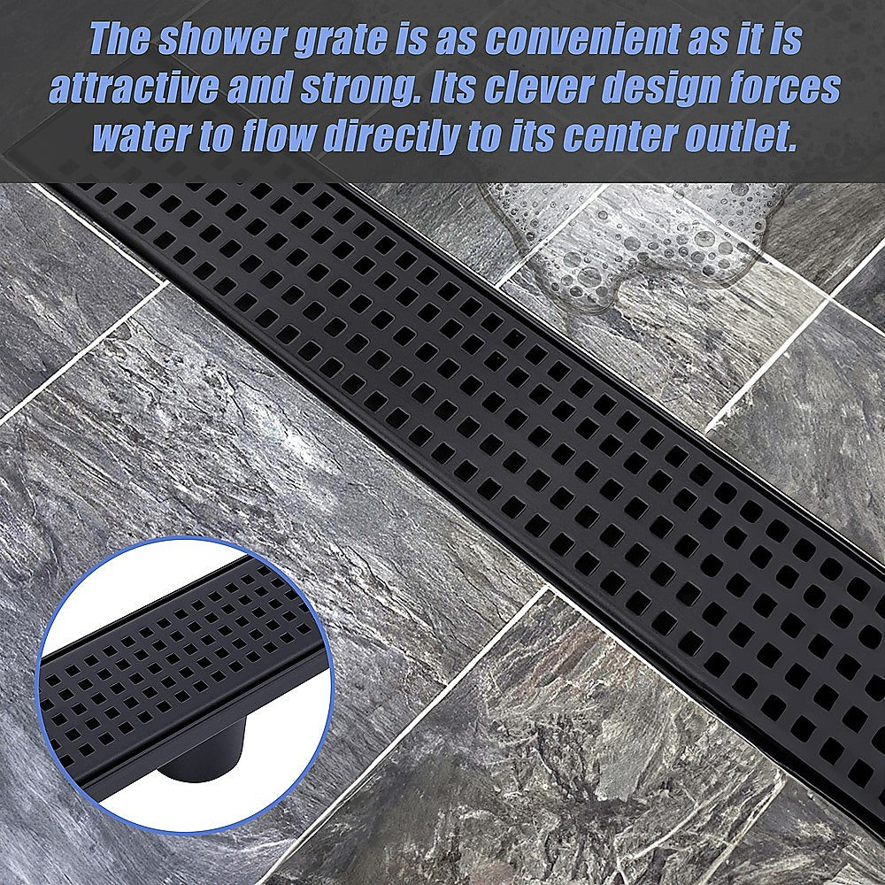 1000mm Bathroom Shower Black Grate Drain w/Centre outlet Floor Waste Square Pattern