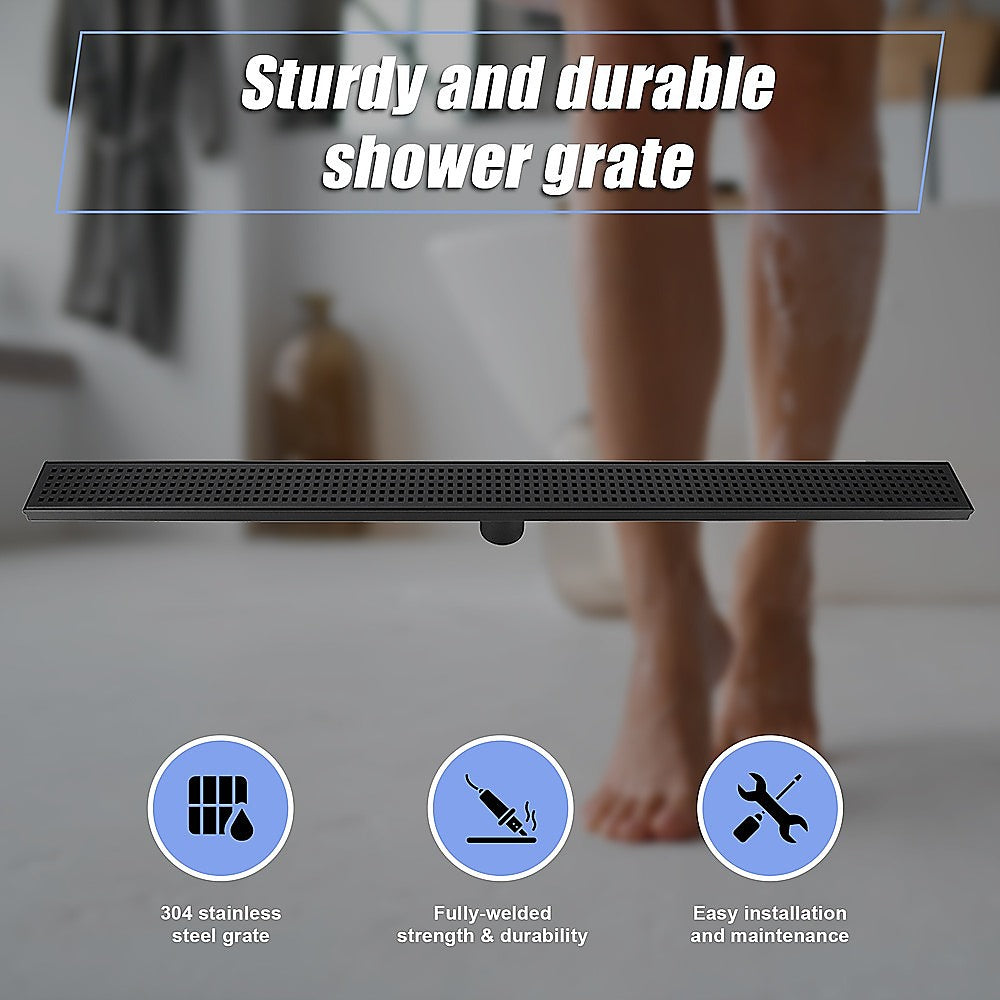 1000mm Bathroom Shower Black Grate Drain w/Centre outlet Floor Waste Square Pattern