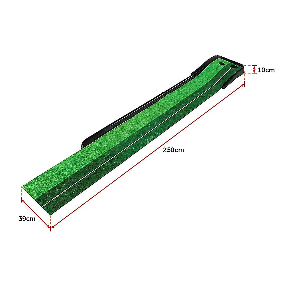 Indoor Practice Putting Green 2.5m Mat Inclined Ball Return Fake Grass 2 Holes