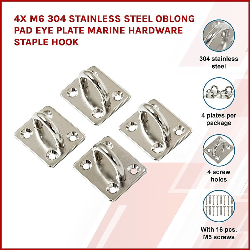 4x M6 304 Stainless Steel Oblong Pad Eye Plate Marine Hardware Staple Hook