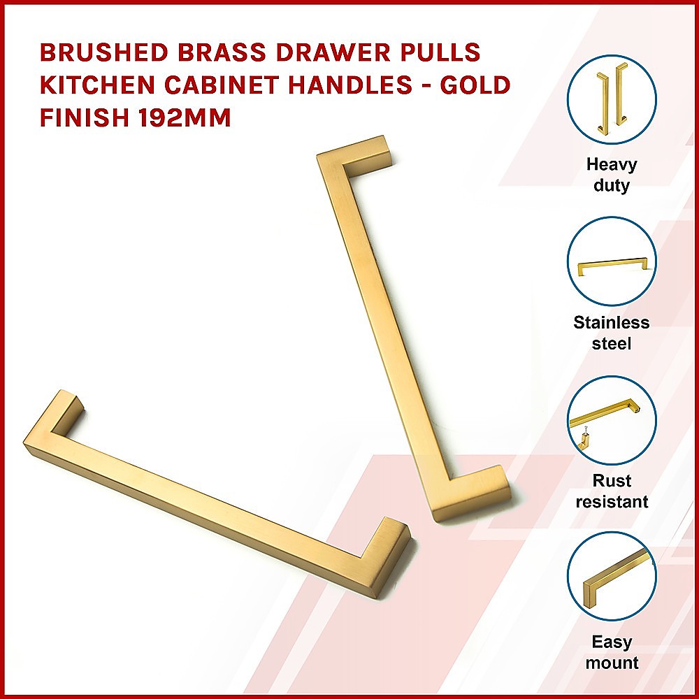 Brushed Brass Drawer Pulls Kitchen Cabinet Handles - Gold Finish 192mm