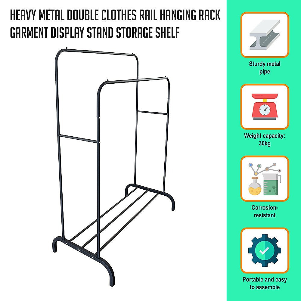 Heavy Metal Double Clothes Rail Hanging Rack Garment Display Stand Storage Shelf