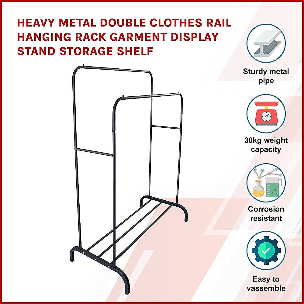 Heavy Metal Double Clothes Rail Hanging Rack Garment Display Stand Storage Shelf