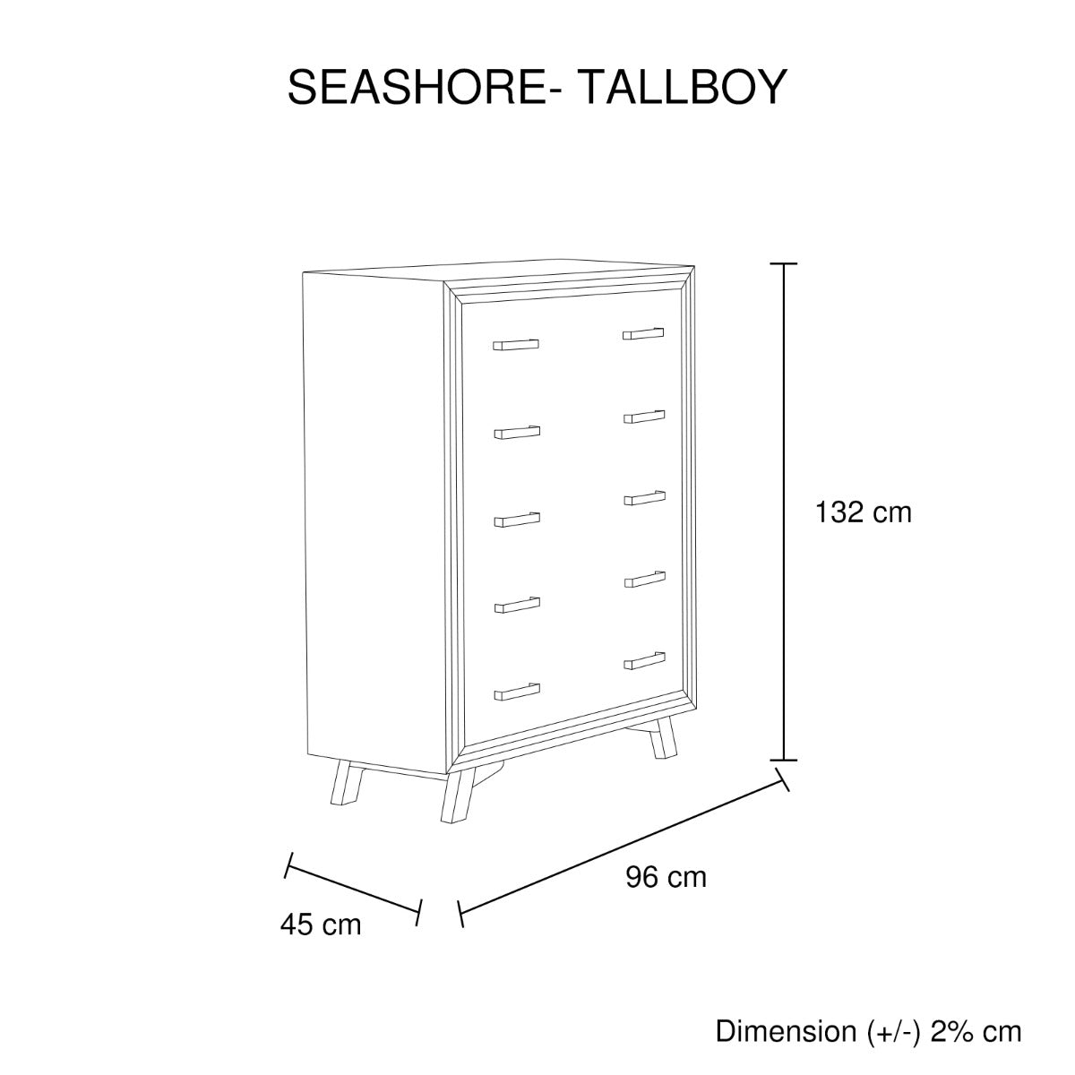 Tallboy with 5 Storage Drawers Solid Acacia Wooden Frame in Silver Brush Colour